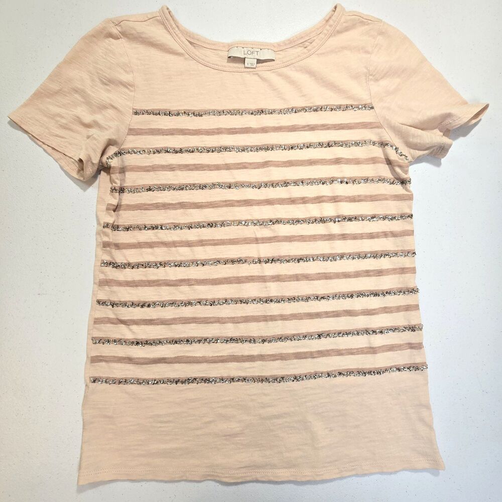 Ann Taylor Loft Women's T-shirt SZ Small Soft Peached Striped / Embellished